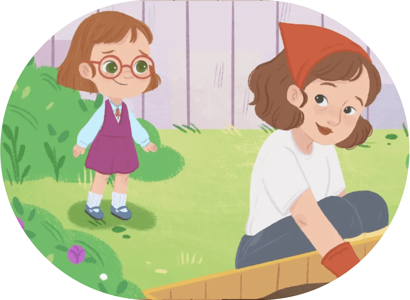 A girl and her friend are sitting in the yard.